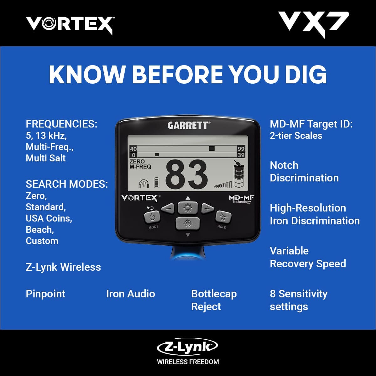 Karabük Garrett Vortex VX7 Dedektör - VX7 hedef ID ekranı, iki katmanlı MD-MF okuma ile demir ve iletken hedefleri ayırmaya yardım eder.